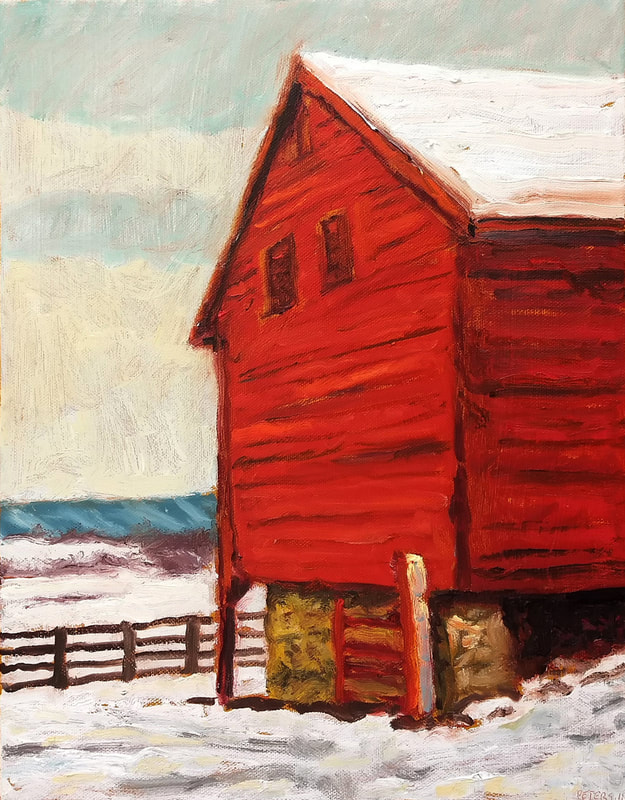 "Red Barn in Snow" 14x11 inches